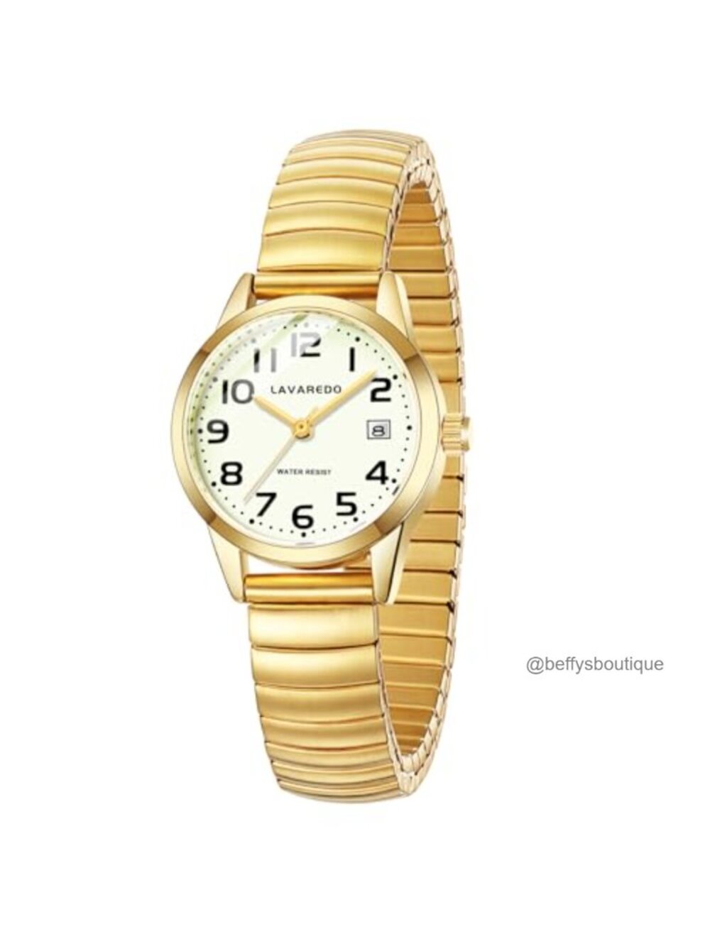Gold Tone Stainless Steel Expansion Band Watch for Women Easy Read Date Day 30M